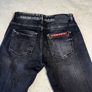 Dark Gray Designer style jeans with Red Stripe Detail -size 25 .
